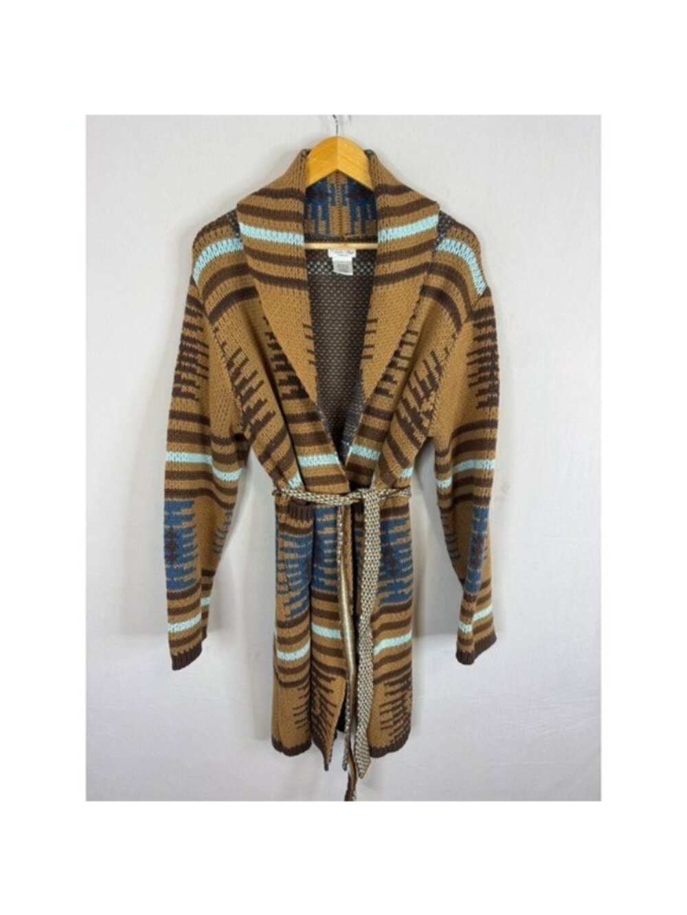 Tasha Polizzi Women L Southwestern Shawl Cardigan Brown Blue Geometric Belted